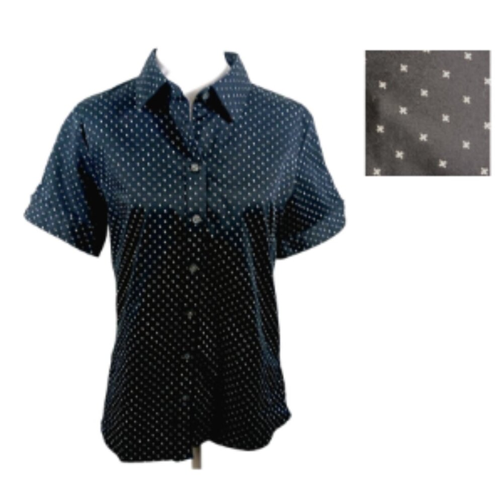 Banana Republic Dark Navy Dotted Wht. Cotton Short Sleeve Button Down Top SZ 12